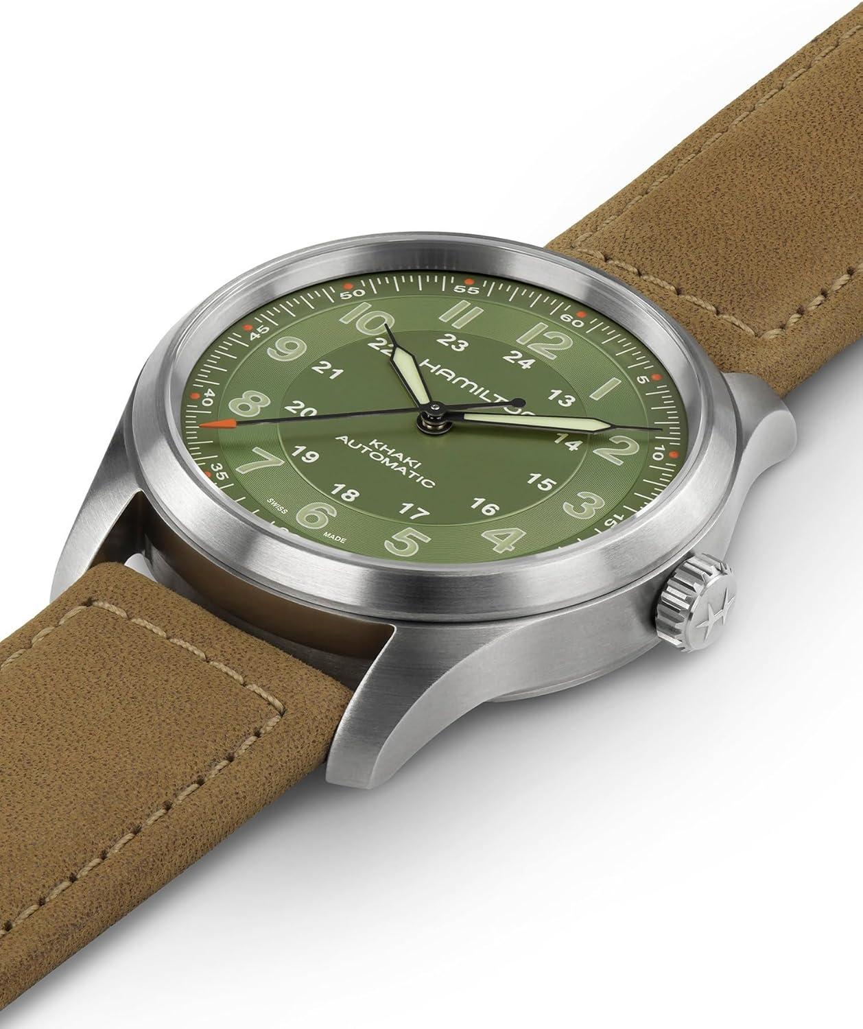 imageHamilton Khaki Field Titanium Automatic Mens Watch 38mm Titanium Case Swiss Made Green Dial Analog Wrist Watch for Men 100m Waterproof Sapphire Crystal 3Hand Movement Cow Leather Strap