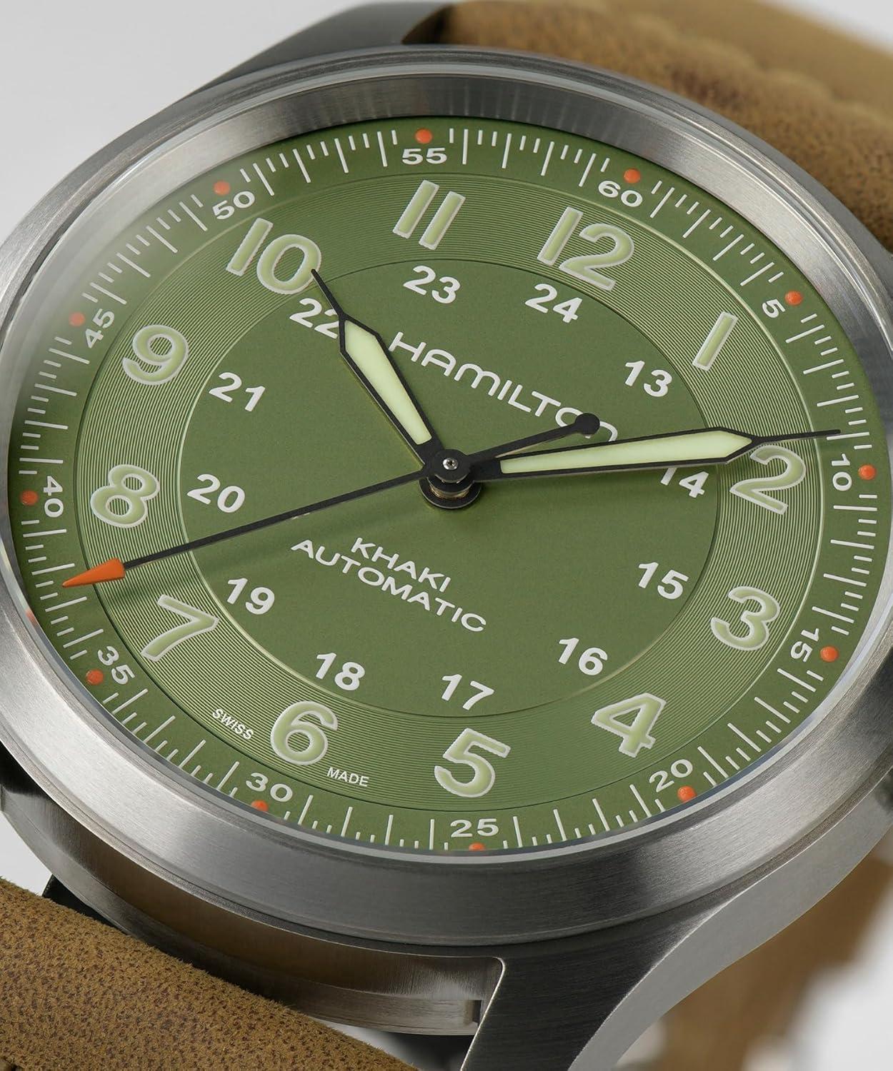 imageHamilton Khaki Field Titanium Automatic Mens Watch 38mm Titanium Case Swiss Made Green Dial Analog Wrist Watch for Men 100m Waterproof Sapphire Crystal 3Hand Movement Cow Leather Strap
