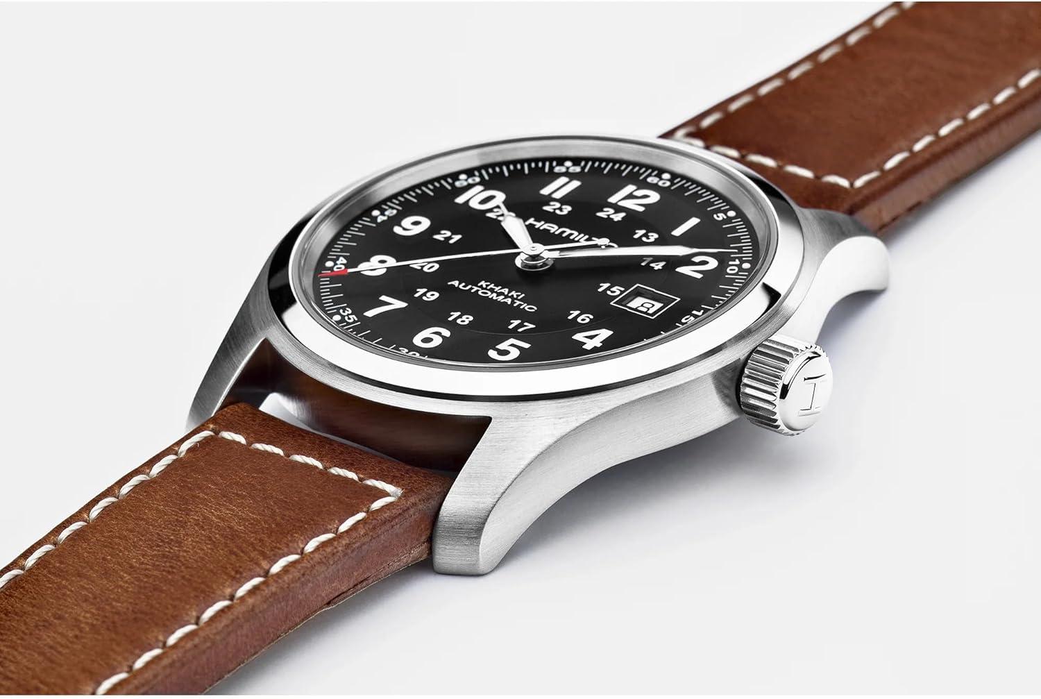 imageHamilton Khaki Field Titanium Automatic Mens Watch 42mm Stainless Steel Case Swiss Made Black Dial Analog Wrist Watch 100m Waterproof Sapphire Crystal 3Hand Movement Cow Leather Strap