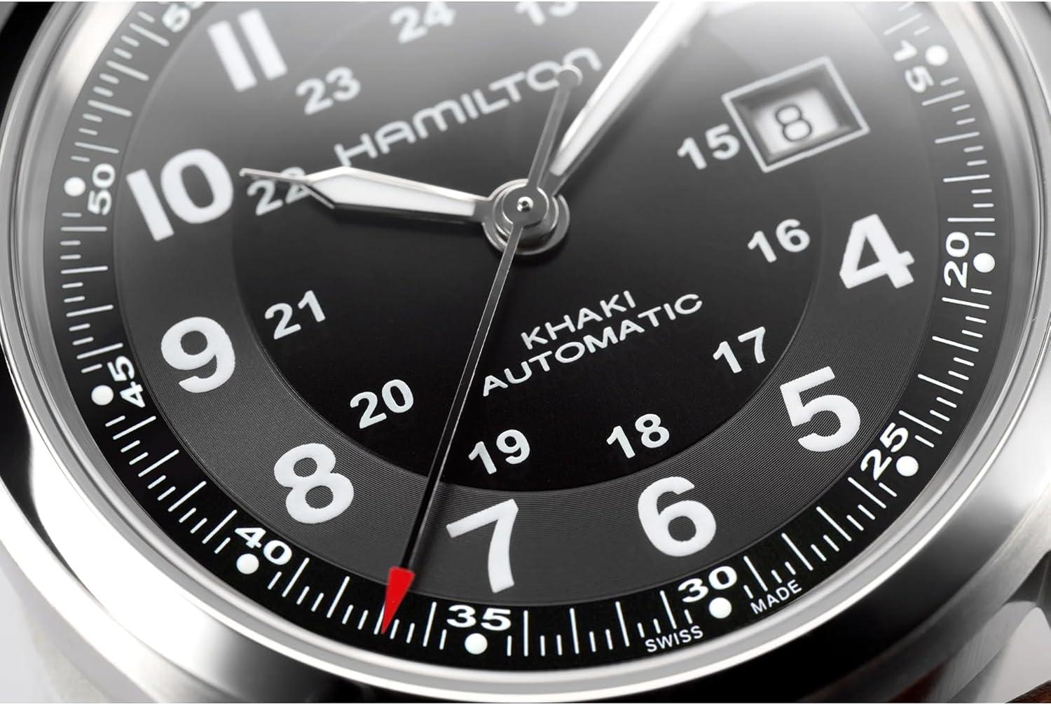 imageHamilton Khaki Field Titanium Automatic Mens Watch 42mm Stainless Steel Case Swiss Made Black Dial Analog Wrist Watch 100m Waterproof Sapphire Crystal 3Hand Movement Cow Leather Strap