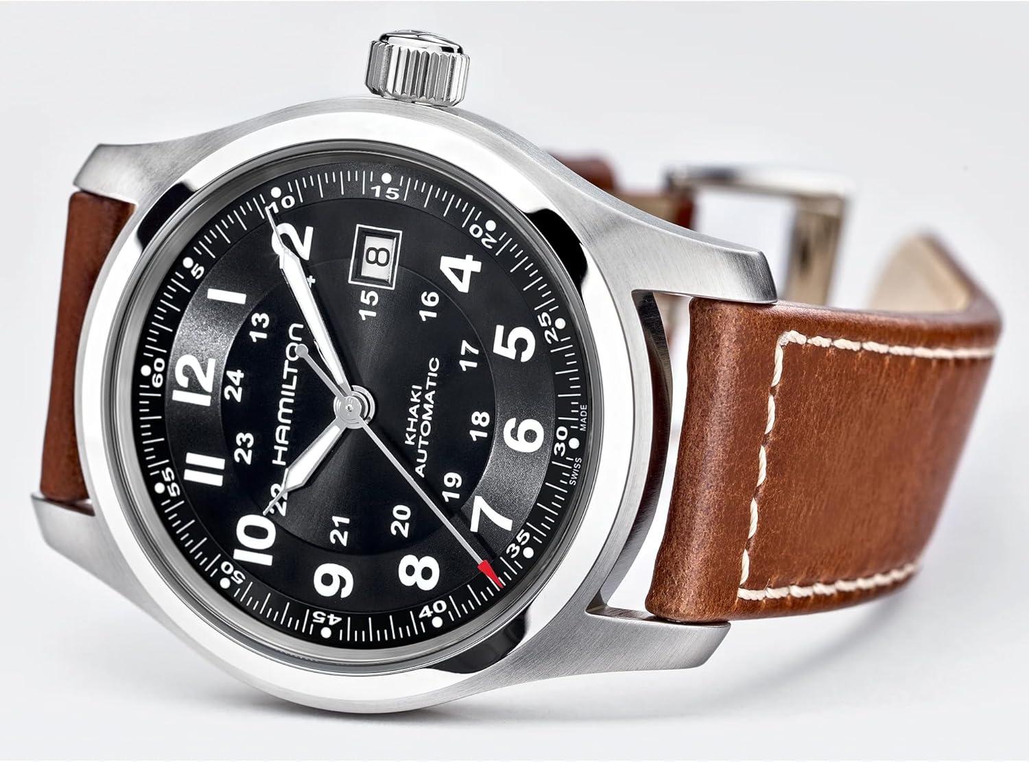 imageHamilton Khaki Field Titanium Automatic Mens Watch 42mm Stainless Steel Case Swiss Made Black Dial Analog Wrist Watch 100m Waterproof Sapphire Crystal 3Hand Movement Cow Leather Strap