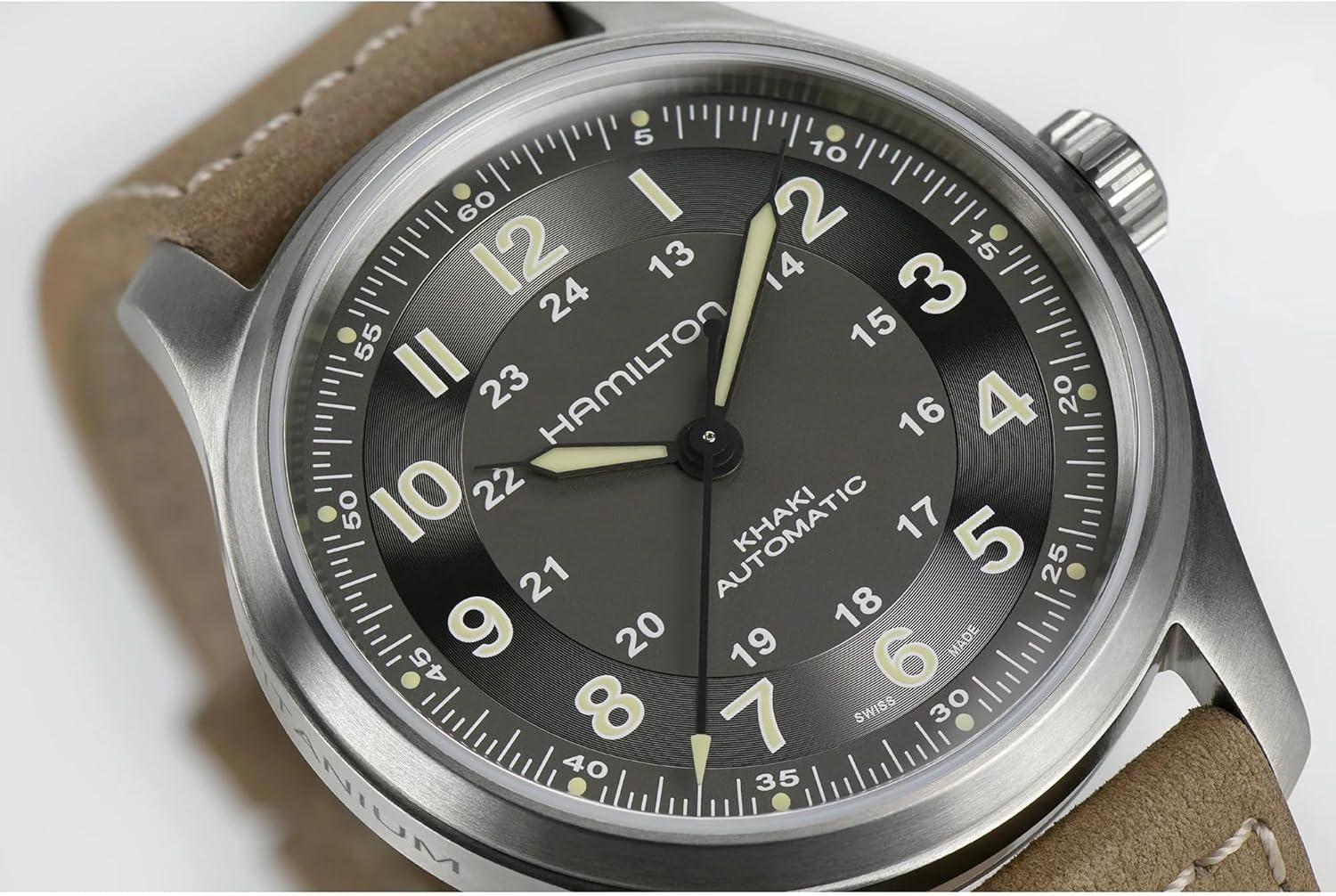imageHamilton Khaki Field Titanium Automatic Mens Watch 42mm Titanium Case Swiss Made Black Dial Analog Wrist Watch for Men 100m Waterproof Sapphire Crystal 3Hand Movement Cow Leather Strap