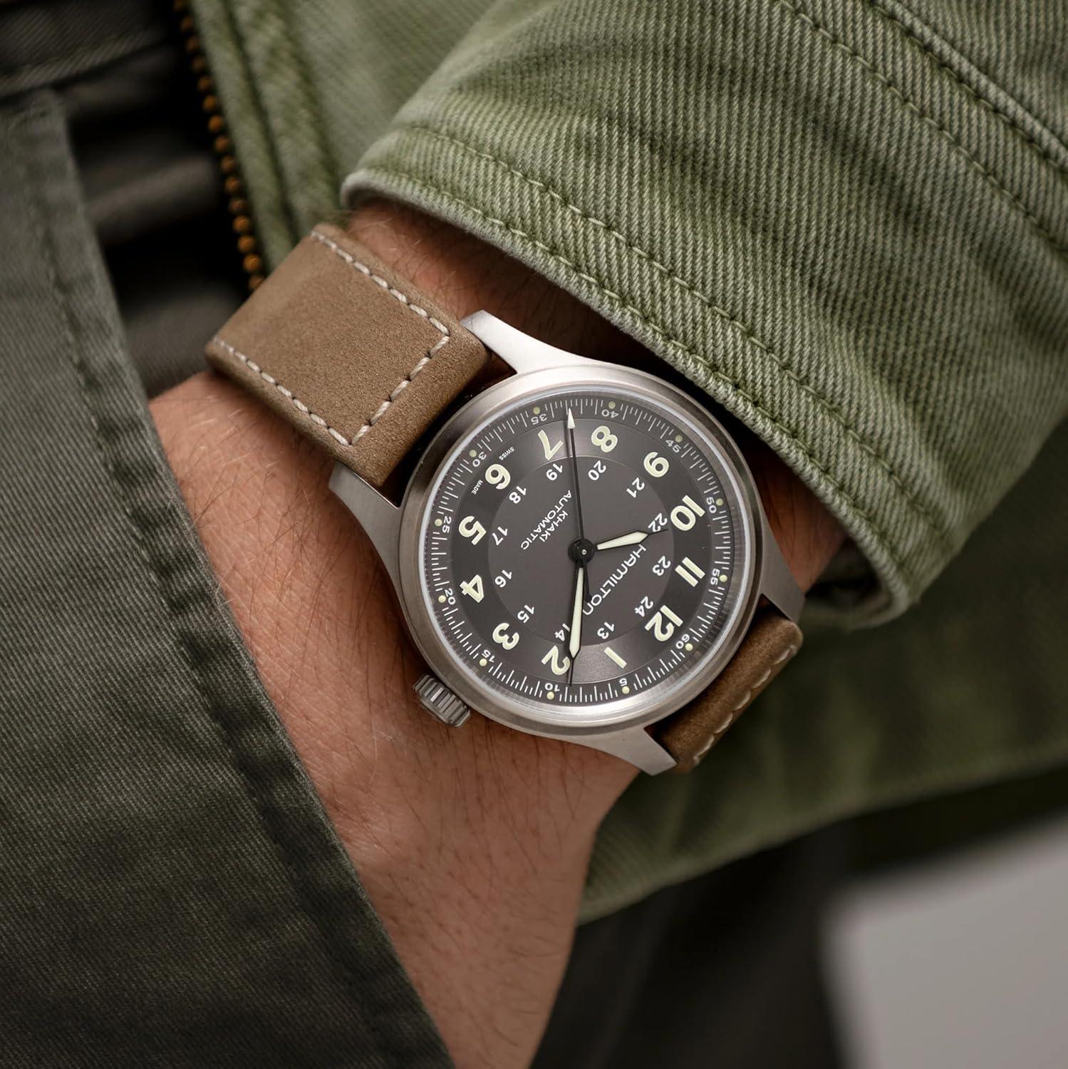 imageHamilton Khaki Field Titanium Automatic Mens Watch 42mm Titanium Case Swiss Made Black Dial Analog Wrist Watch for Men 100m Waterproof Sapphire Crystal 3Hand Movement Cow Leather Strap