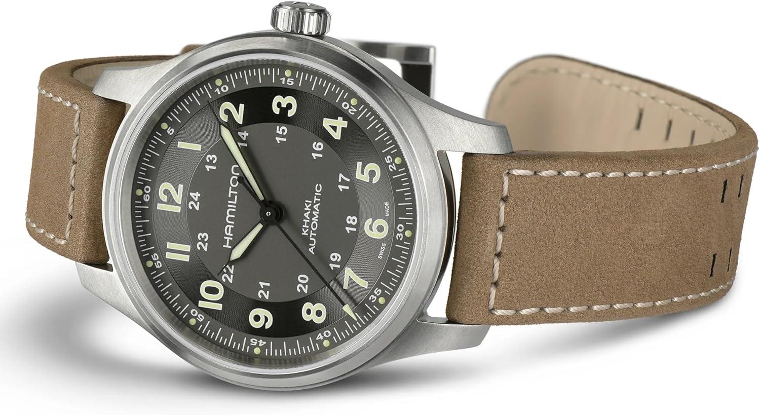 imageHamilton Khaki Field Titanium Automatic Mens Watch 42mm Titanium Case Swiss Made Black Dial Analog Wrist Watch for Men 100m Waterproof Sapphire Crystal 3Hand Movement Cow Leather Strap