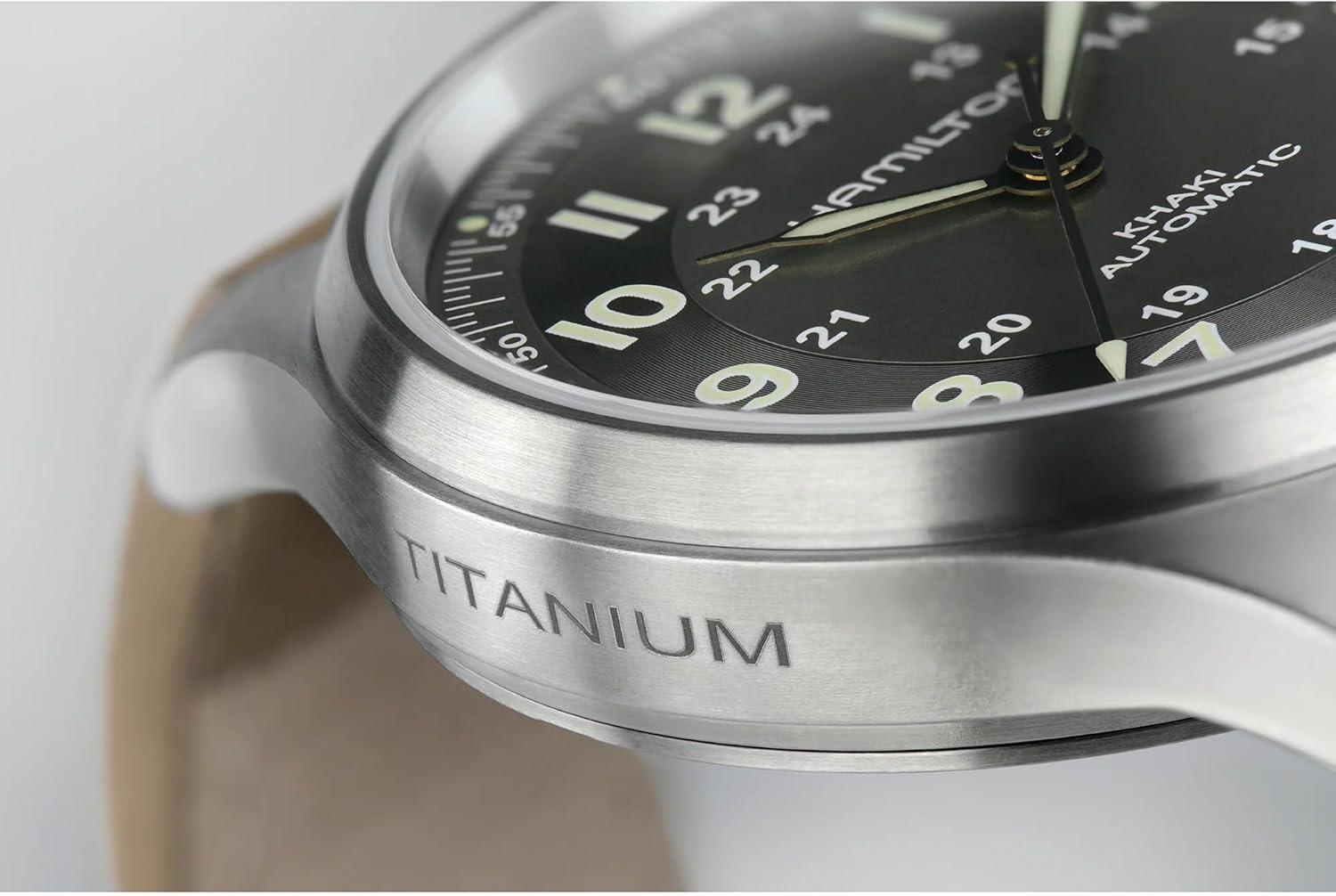 imageHamilton Khaki Field Titanium Automatic Mens Watch 42mm Titanium Case Swiss Made Black Dial Analog Wrist Watch for Men 100m Waterproof Sapphire Crystal 3Hand Movement Cow Leather Strap