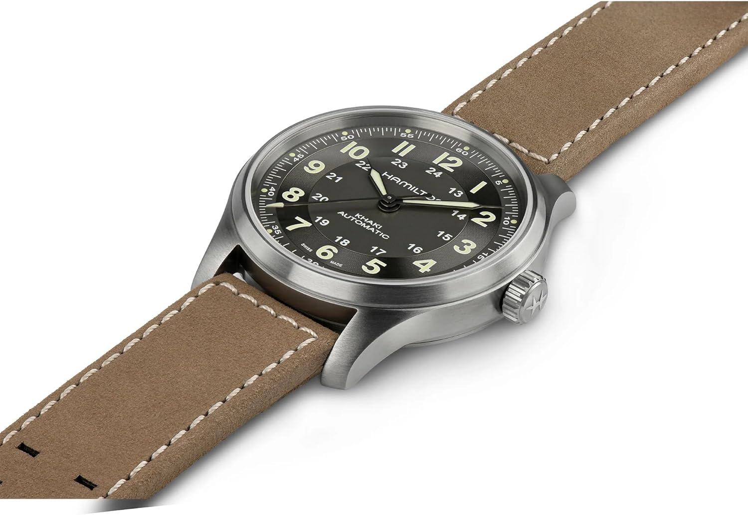 imageHamilton Khaki Field Titanium Automatic Mens Watch 42mm Titanium Case Swiss Made Black Dial Analog Wrist Watch for Men 100m Waterproof Sapphire Crystal 3Hand Movement Cow Leather Strap