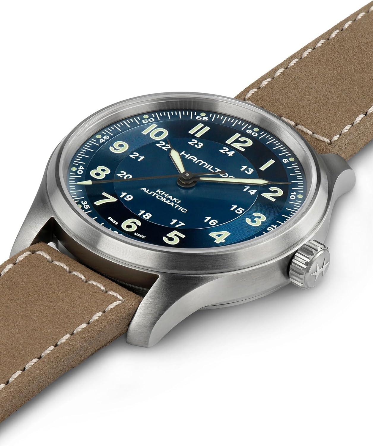 imageHamilton Khaki Field Titanium Automatic Mens Watch 42mm Titanium Case Swiss Made Blue Dial Analog Wrist Watch for Men 100m Waterproof Sapphire Crystal 3Hand Movement Cow Leather Strap