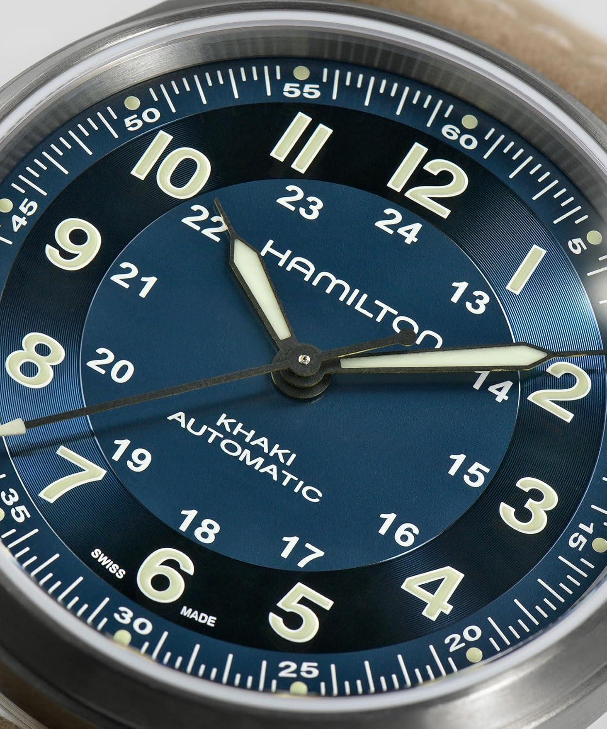 imageHamilton Khaki Field Titanium Automatic Mens Watch 42mm Titanium Case Swiss Made Blue Dial Analog Wrist Watch for Men 100m Waterproof Sapphire Crystal 3Hand Movement Cow Leather Strap