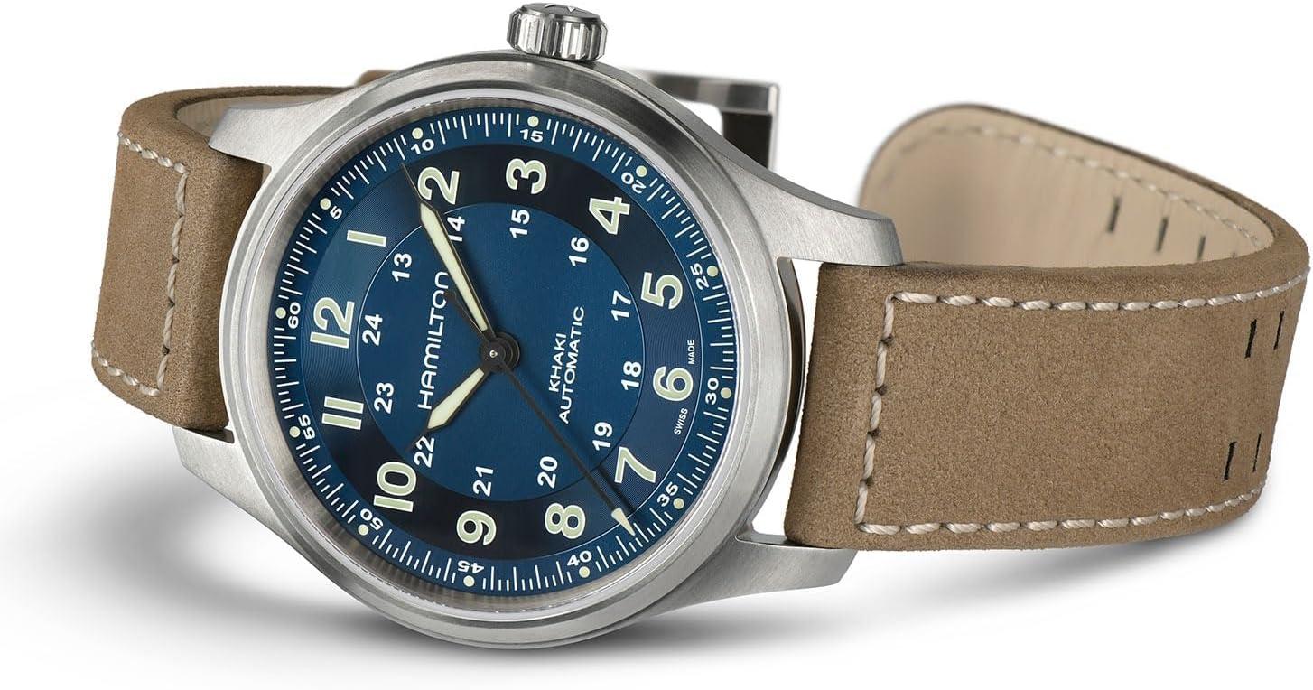 imageHamilton Khaki Field Titanium Automatic Mens Watch 42mm Titanium Case Swiss Made Blue Dial Analog Wrist Watch for Men 100m Waterproof Sapphire Crystal 3Hand Movement Cow Leather Strap