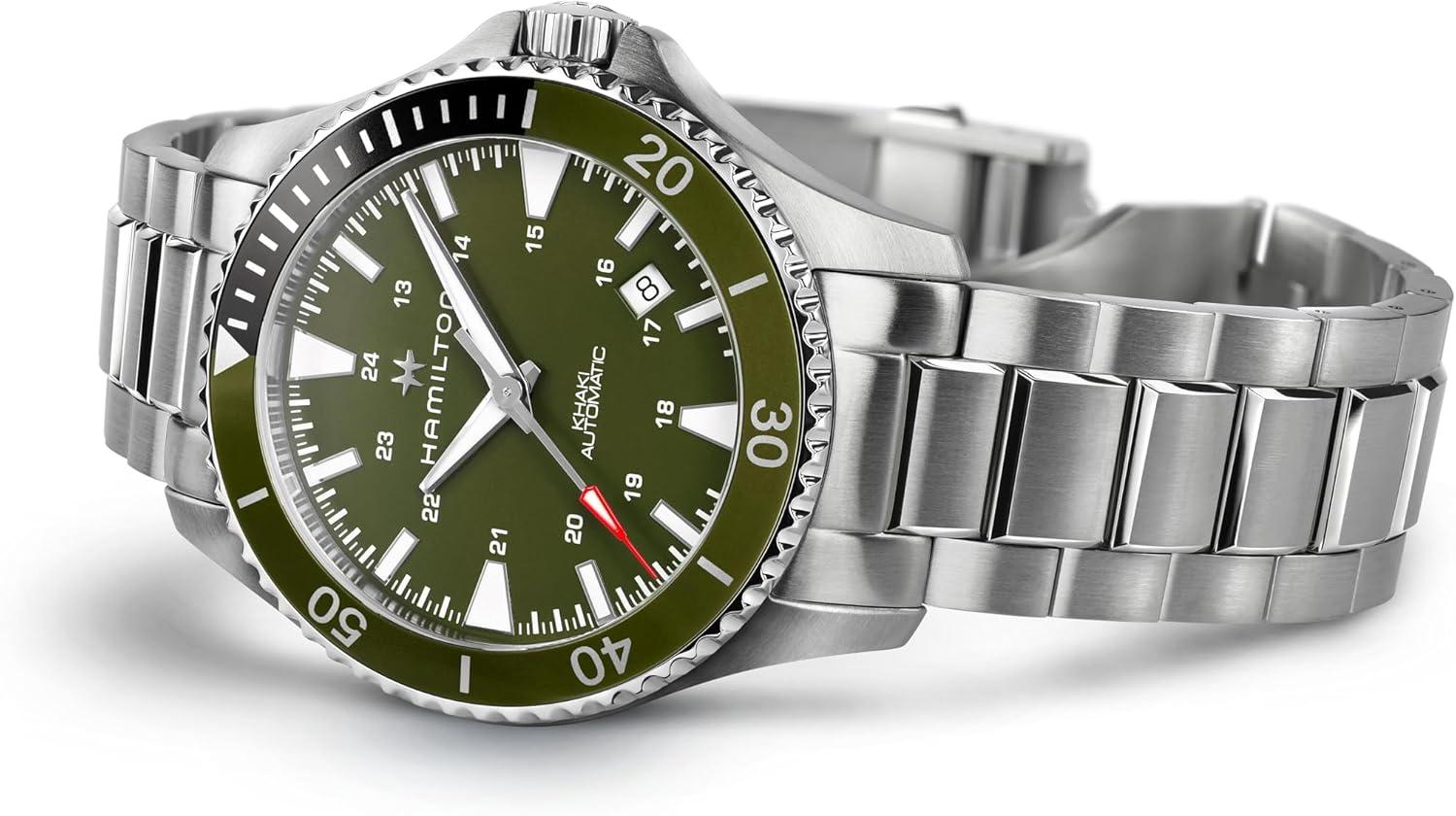 imageHamilton Khaki Navy Automatic Mens Watch 40mm Stainless Steel Case Swiss Made Green Dial Analog Wrist Watch for Men 100m Waterproof Sapphire Crystal 3Hand Movement Stainless Steel Strap