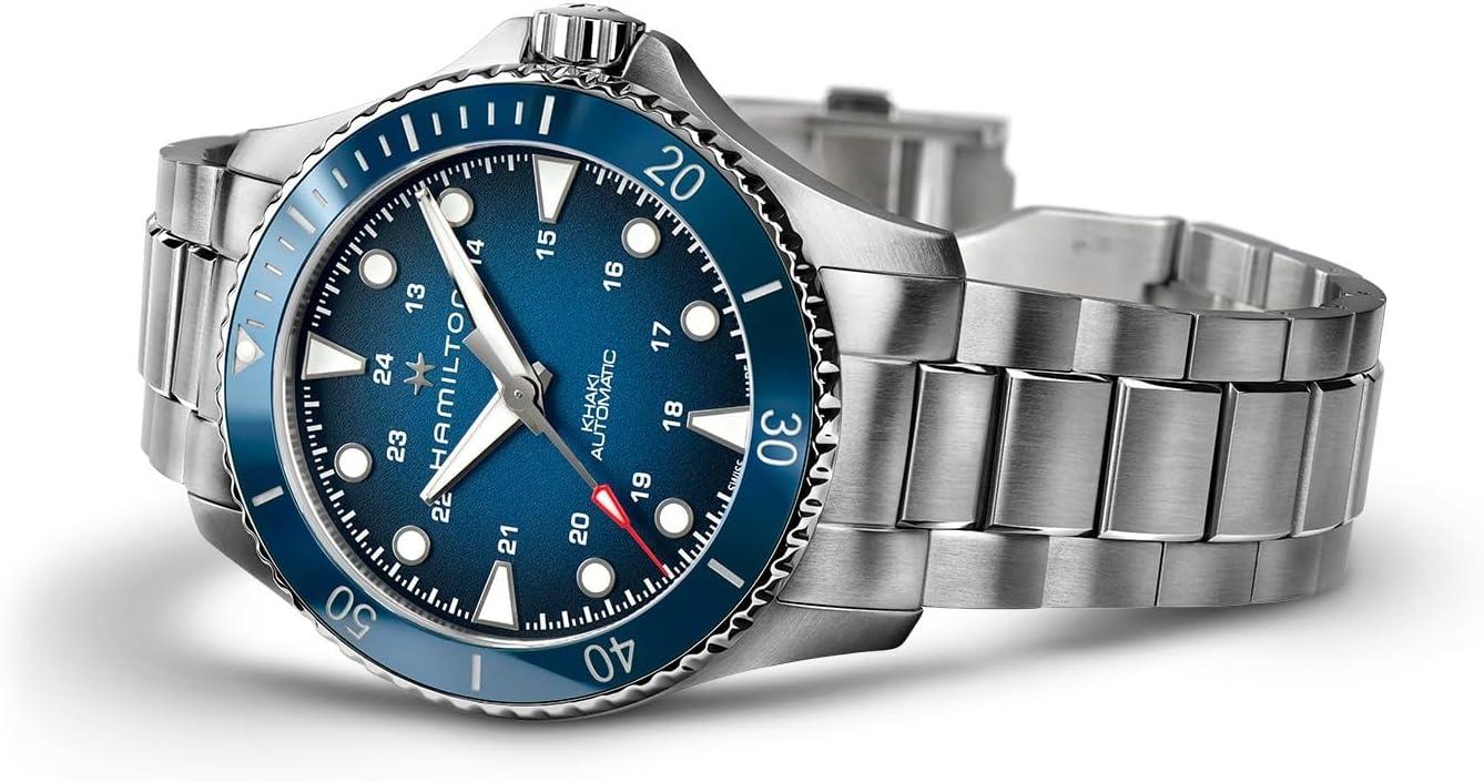 imageHamilton Khaki Navy Automatic Mens Watch 43mm Stainless Steel Case Swiss Made Blue Dial Analog Wrist Watch for Men 300m Waterproof Sapphire Crystal Stainless Steel Strap
