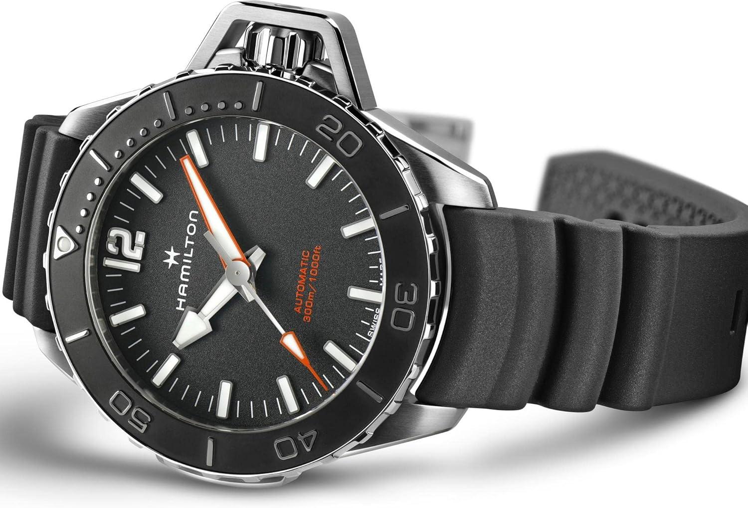 imageHamilton Khaki Navy Automatic Mens Watch 46mm Stainless Steel Case Swiss Made Black Dial Analog Wrist Watch for Men 300m Waterproof Sapphire Crystal 3Hand Movement Rubber Strap