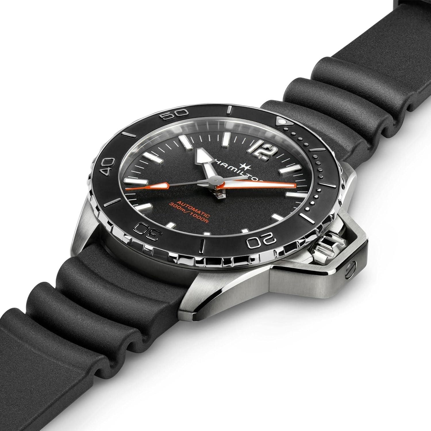 imageHamilton Khaki Navy Automatic Mens Watch 46mm Stainless Steel Case Swiss Made Black Dial Analog Wrist Watch for Men 300m Waterproof Sapphire Crystal 3Hand Movement Rubber Strap