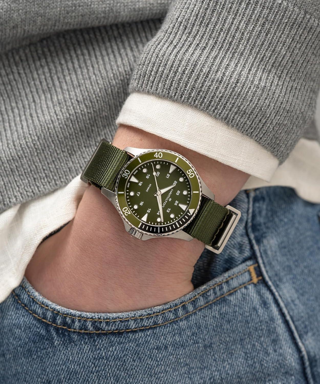 imageHamilton Khaki Navy Scuba Quartz Mens Watch 37mm Stainless Steel Case Swiss Made Green Dial Analog Wrist Watch for Men 100m Waterproof Sapphire Crystal Textile Strap