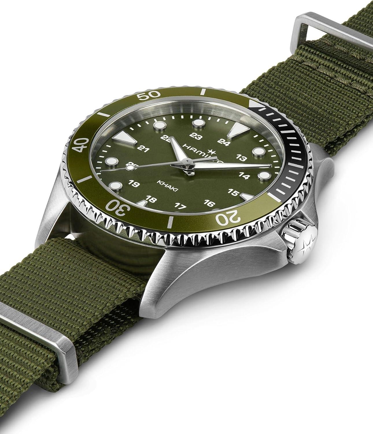 imageHamilton Khaki Navy Scuba Quartz Mens Watch 37mm Stainless Steel Case Swiss Made Green Dial Analog Wrist Watch for Men 100m Waterproof Sapphire Crystal Textile Strap