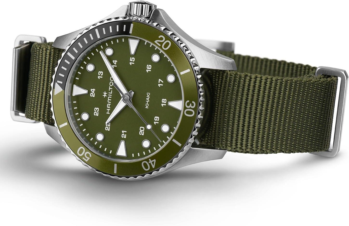 imageHamilton Khaki Navy Scuba Quartz Mens Watch 37mm Stainless Steel Case Swiss Made Green Dial Analog Wrist Watch for Men 100m Waterproof Sapphire Crystal Textile Strap