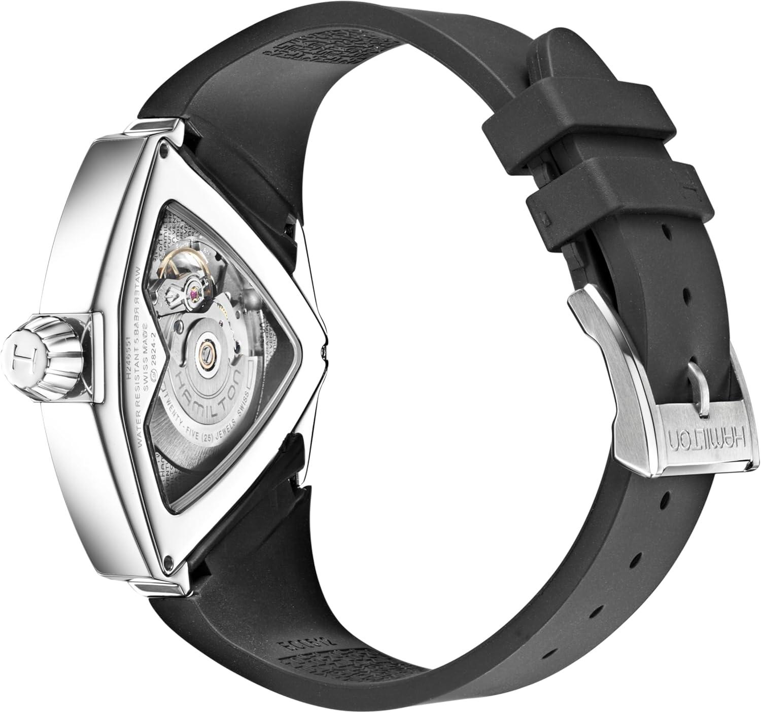 imageHamilton Ventura Automatic Mens Watch 46mm x 46mm Stainless Steel Case Swiss Made Black Dial Analog Wrist Watch for Men 50m Waterproof Sapphire Crystal 3Hand Movement Rubber Strap