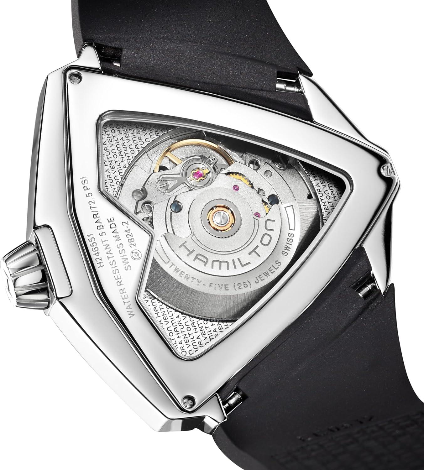 imageHamilton Ventura Automatic Mens Watch 46mm x 46mm Stainless Steel Case Swiss Made Black Dial Analog Wrist Watch for Men 50m Waterproof Sapphire Crystal 3Hand Movement Rubber Strap