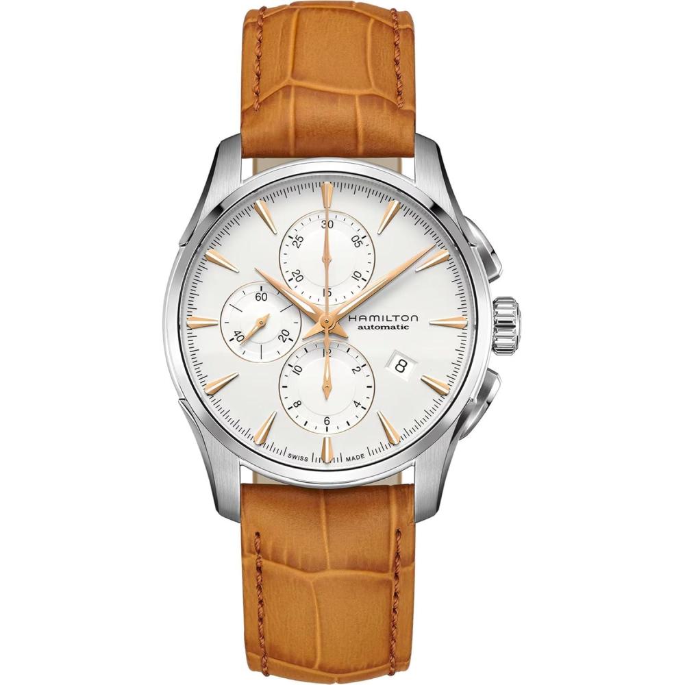 imageHamilton Jazzmaster Automatic Mens Watch 42mm Stainless Steel Case Swiss Made White Dial Analog Wrist Watch for Men 100m Waterproof Sapphire Crystal Calf Leather Strap