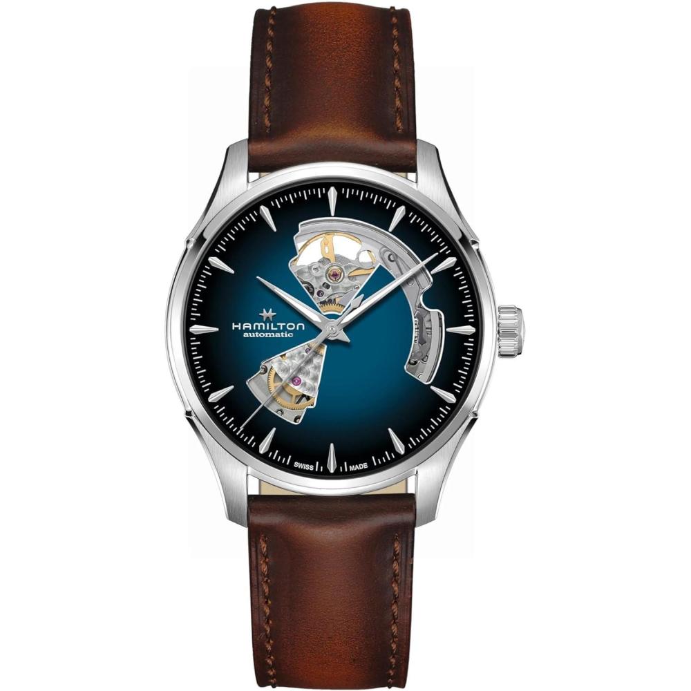 imageHamilton Jazzmaster Open Heart Automatic Mens Watch 40mm Stainless Steel Case Swiss Made Blue Dial Analog Wrist Watch 50m Waterproof Sapphire Crystal 3Hand Movement Cow Leather Strap
