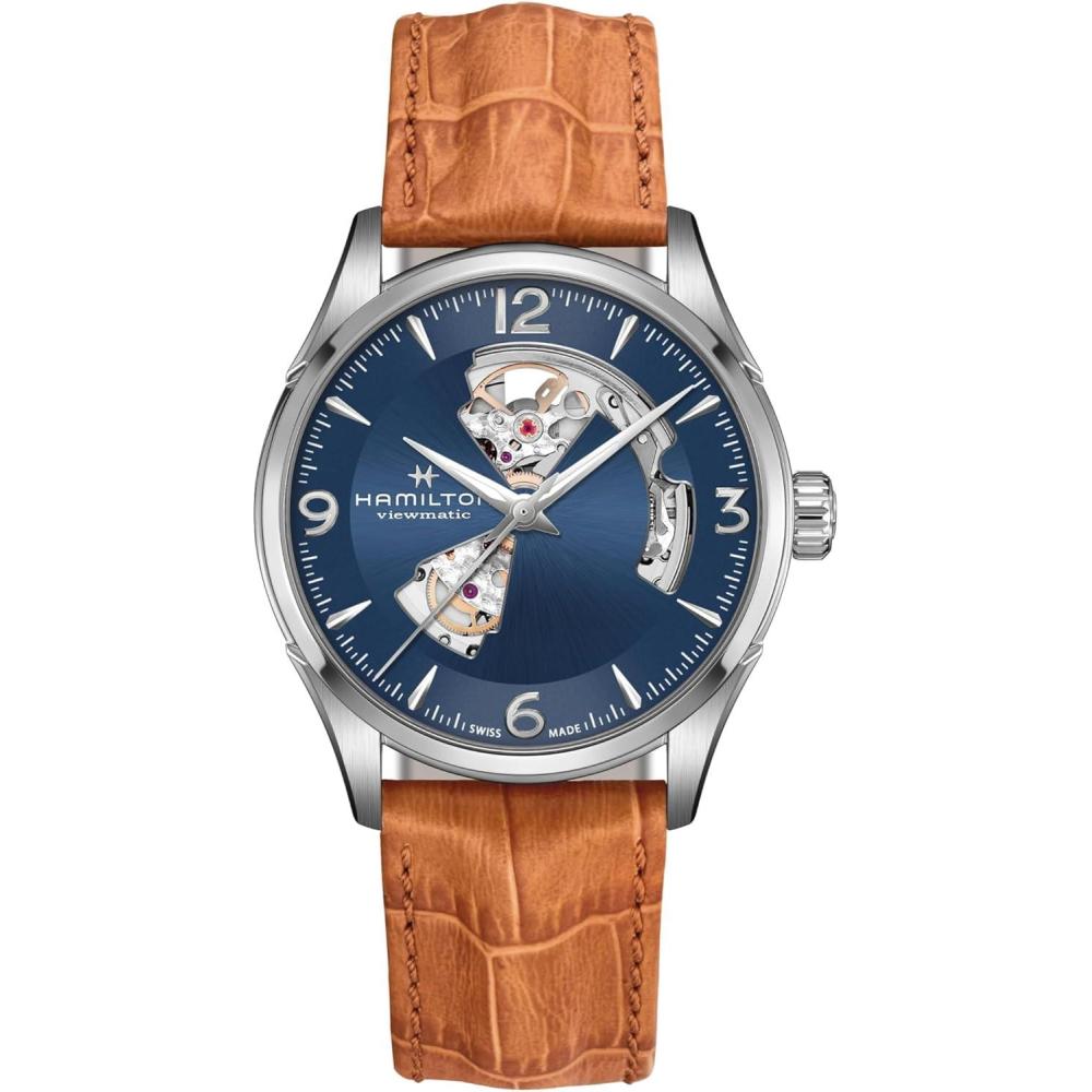 imageHamilton Jazzmaster Open Heart Automatic Mens Watch 42mm Stainless Steel Case Swiss Made Blue Dial Analog Wrist Watch 50m Waterproof Sapphire Crystal 3Hand Movement Calf Leather Strap