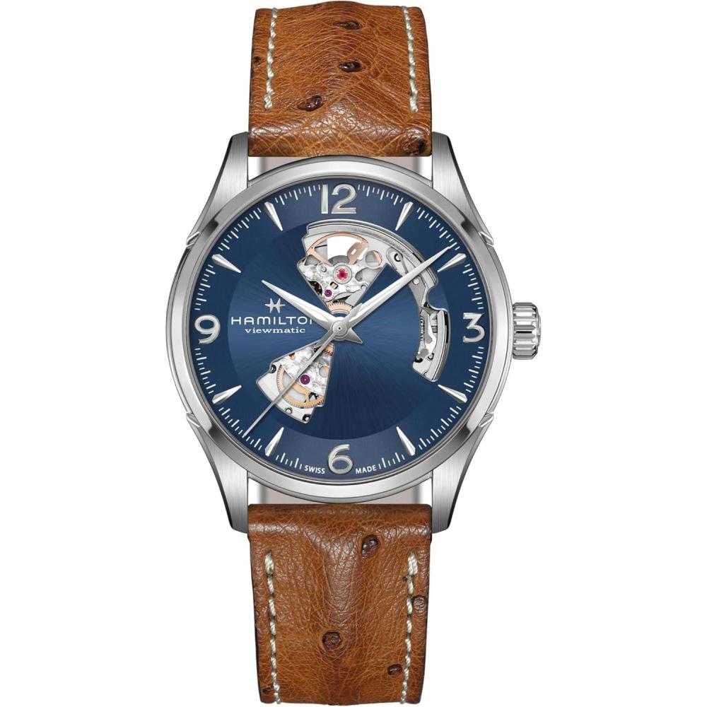 imageHamilton Jazzmaster Open Heart Automatic Mens Watch 42mm Stainless Steel Case Swiss Made Blue Dial Analog Wrist Watch 50m Waterproof Sapphire Crystal 3Hand Movement Ostrich Leather Strap