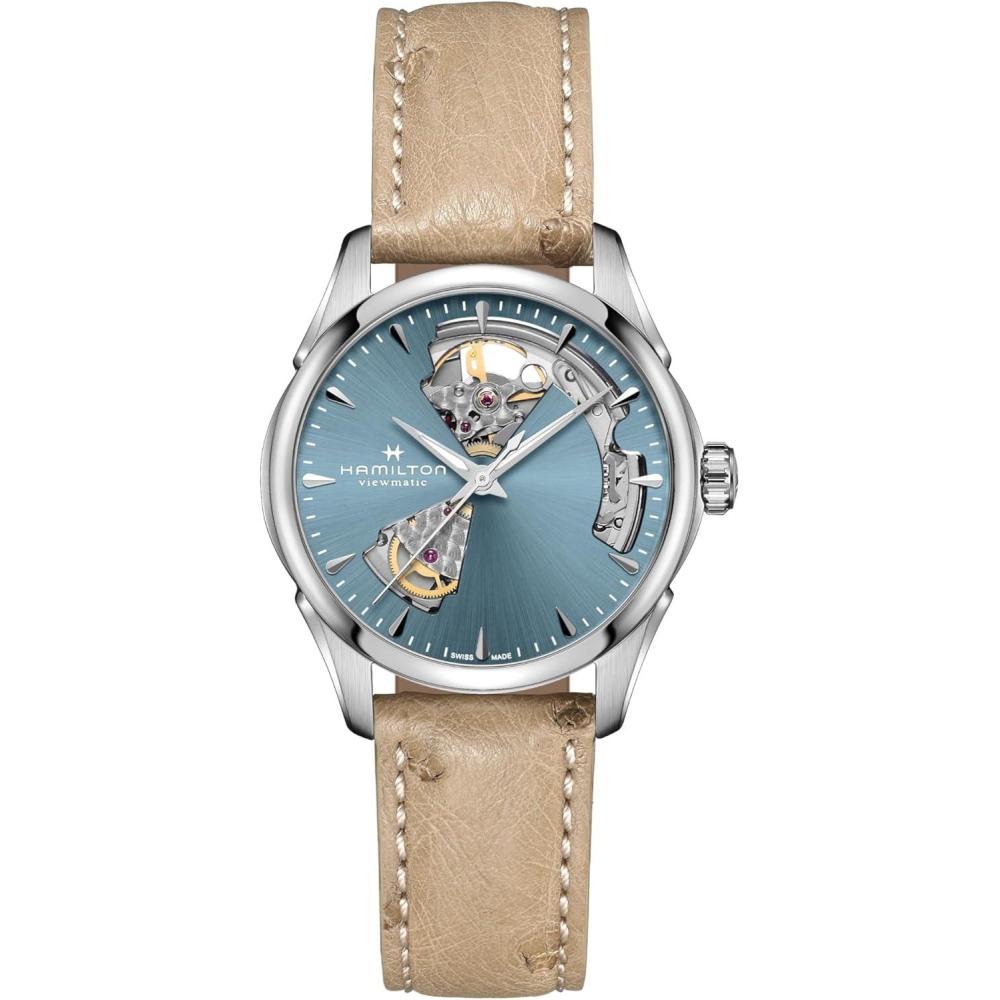 imageHamilton Jazzmaster Open Heart Automatic Womens Watch 36mm Stainless Steel Case Swiss Made Blue Dial Analog Wrist Watch for Women 50m Waterproof Sapphire Crystal Cow Leather Strap