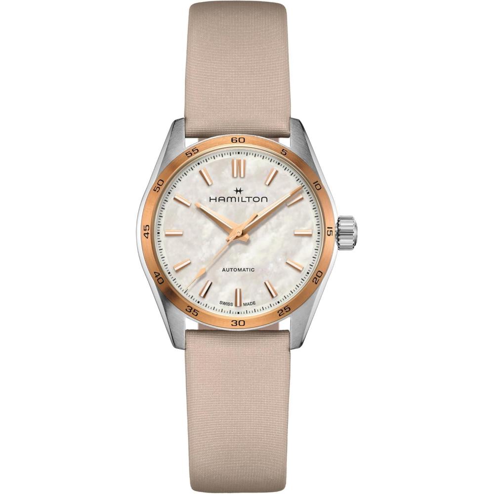 imageHamilton Jazzmaster Performer Automatic Mens Watch 34mm Stainless Steel Case Swiss Made Mother of Pearl Dial Analog Wrist Watch 100m Waterproof Sapphire Crystal 3Hand Movement Satin Strap
