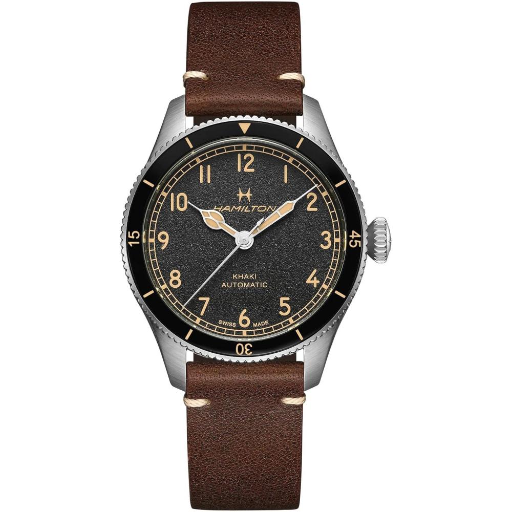 imageHamilton Khaki Aviation Automatic Mens Watch 38mm Stainless Steel Case Swiss Made Black Dial Analog Wrist Watch for Men 100m Waterproof Sapphire Crystal 3Hand Movement Cow Leather Strap