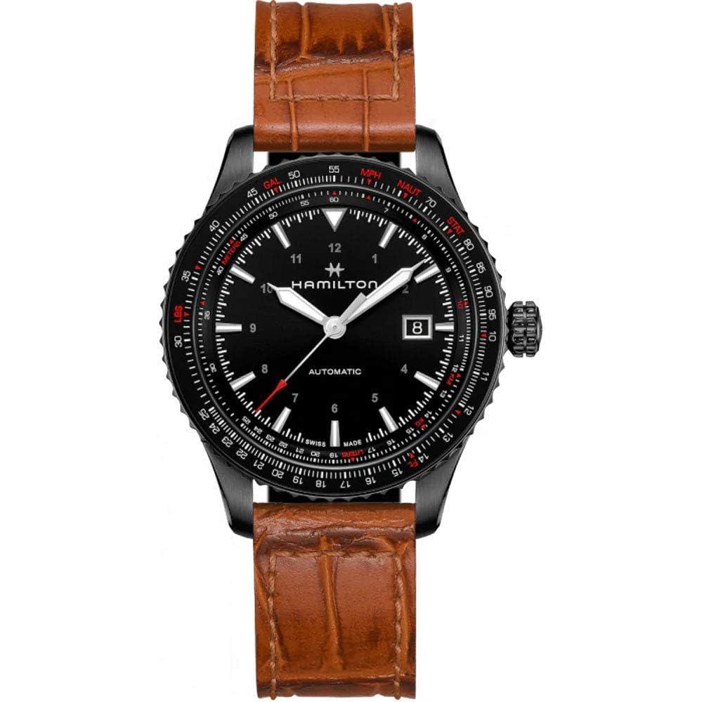 imageHamilton Khaki Aviation Automatic Mens Watch 42mm Stainless Steel Case Swiss Made Black Dial Analog Wrist Watch for Men 100m Waterproof Sapphire Crystal 3Hand Movement Calf Leather Strap