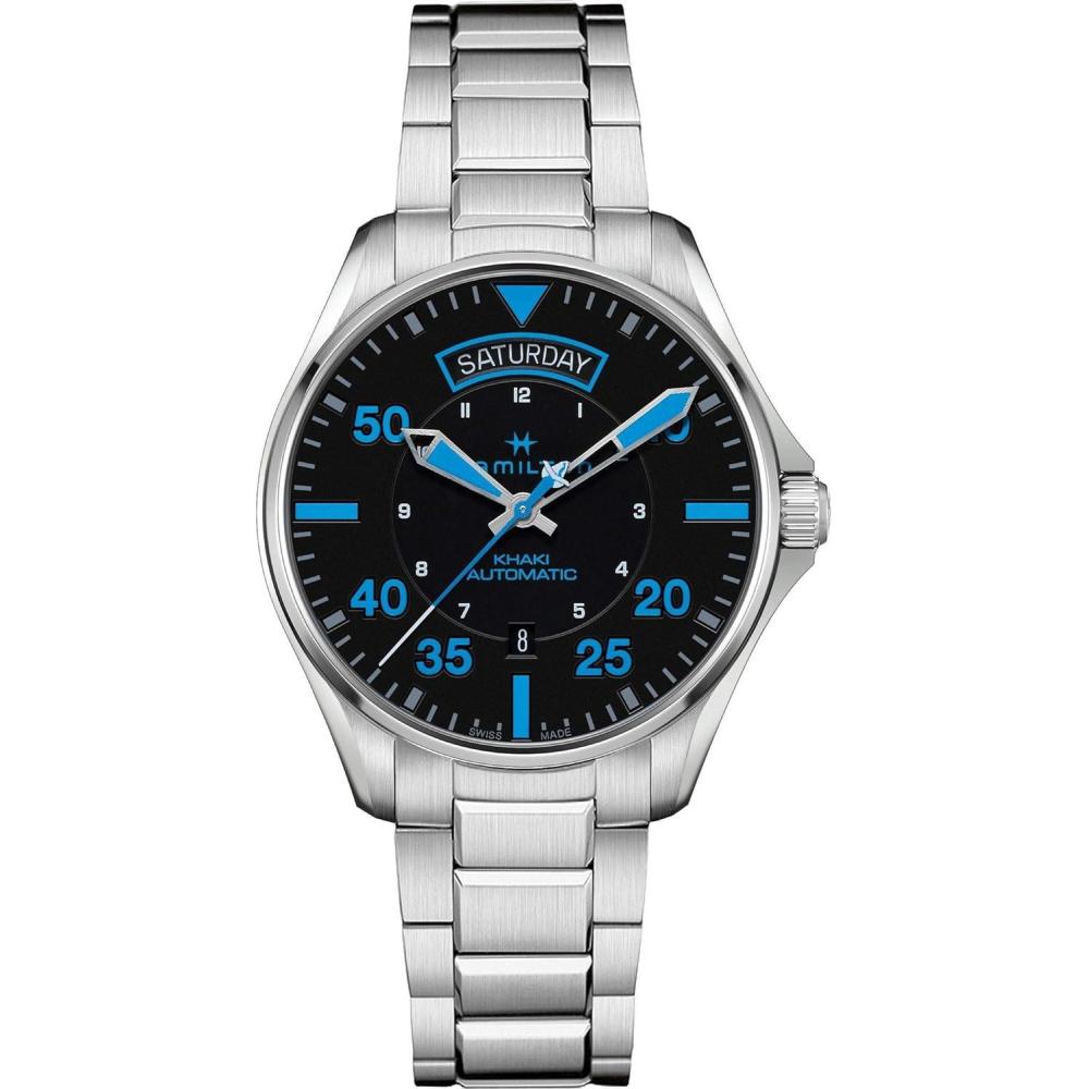 imageHamilton Khaki Aviation Automatic Mens Watch 42mm Stainless Steel Case Swiss Made Black Dial Analog Wrist Watch for Men 100m Waterproof Sapphire Crystal Stainless Steel Strap