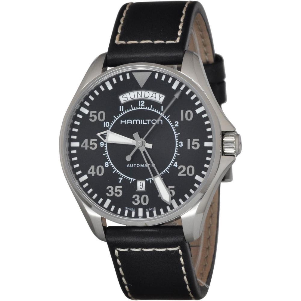 imageHamilton Khaki Aviation Automatic Mens Watch 42mm Stainless Steel Case Swiss Made Black Dial Analog Wrist Watch for Men 100m Waterproof Sapphire Crystal Calf Leather Strap