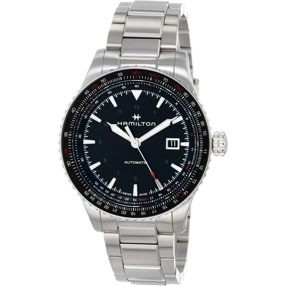 imageHamilton Khaki Aviation Automatic Mens Watch 42mm Stainless Steel Case Swiss Made Black Dial Analog Wrist Watch for Men 100m Waterproof Sapphire Crystal 3Hand Movement Stainless Steel Strap
