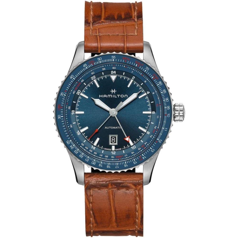 imageHamilton Khaki Aviation Automatic Mens Watch 42mm Stainless Steel Case Swiss Made Blue Dial Analog Wrist Watch for Men 100m Waterproof Sapphire Crystal 3Hand Movement Cow Leather Strap