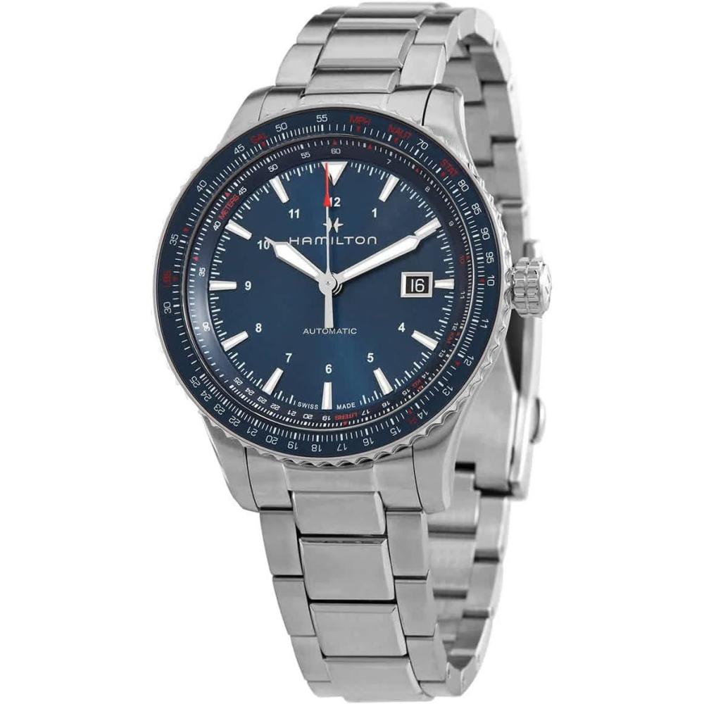 imageHamilton Khaki Aviation Automatic Mens Watch 42mm Stainless Steel Case Swiss Made Blue Dial Analog Wrist Watch for Men 100m Waterproof Sapphire Crystal 3Hand Movement Stainless Steel Strap