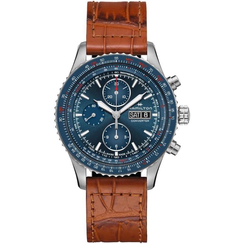 imageHamilton Khaki Aviation Automatic Mens Watch 44mm Stainless Steel Case Swiss Made Blue Dial Analog Wrist Watch for Men 100m Waterproof Sapphire Crystal Cow Leather Strap