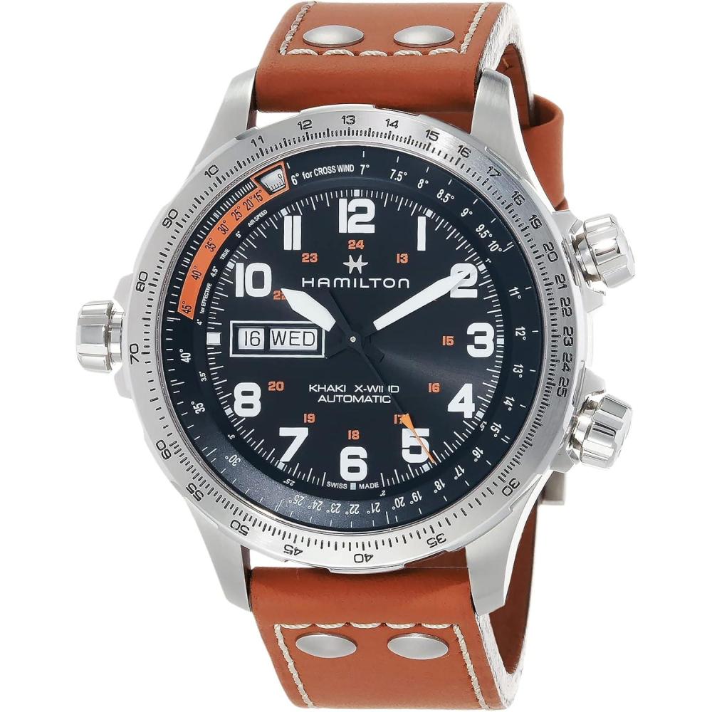 imageHamilton Khaki Aviation Automatic Mens Watch 45mm Stainless Steel Case Swiss Made Black Dial Analog Wrist Watch for Men 100m Waterproof Sapphire Crystal 3Hand Movement Cow Leather Strap
