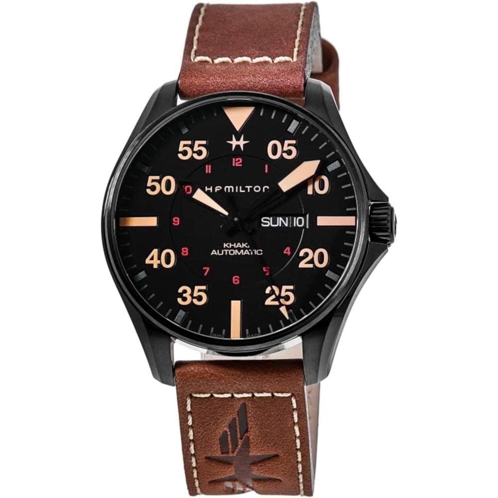 imageHamilton Khaki Aviation Automatic Mens Watch 46mm Stainless Steel Case Swiss Made Black Dial Analog Wrist Watch for Men 200m Waterproof Sapphire Crystal 3Hand Movement Cow Leather Strap