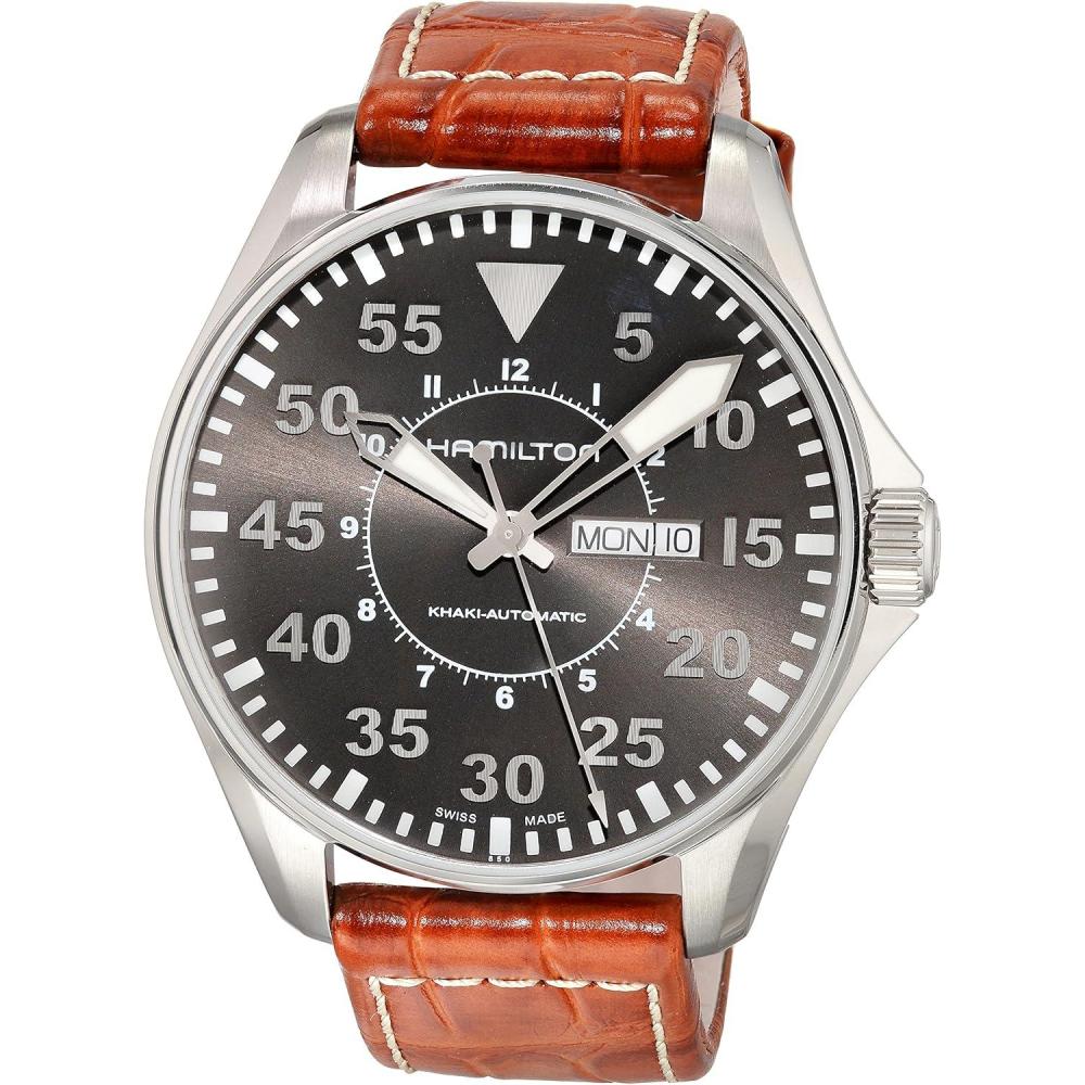 imageHamilton Khaki Aviation Automatic Mens Watch 46mm Stainless Steel Case Swiss Made Grey Dial Analog Wrist Watch for Men 200m Waterproof Sapphire Crystal 3Hand Movement Calf Leather Strap