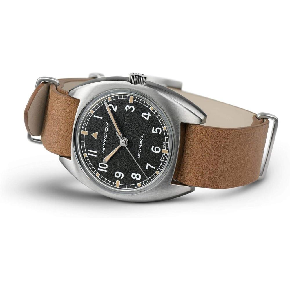 imageHamilton Khaki Aviation Pilot Mechanical Mens Watch 36mm x 33mm Stainless Steel Case Swiss Made Black Dial Analog Watch 100m Waterproof AntiReflective Mineral Crystal Cow Leather Strap