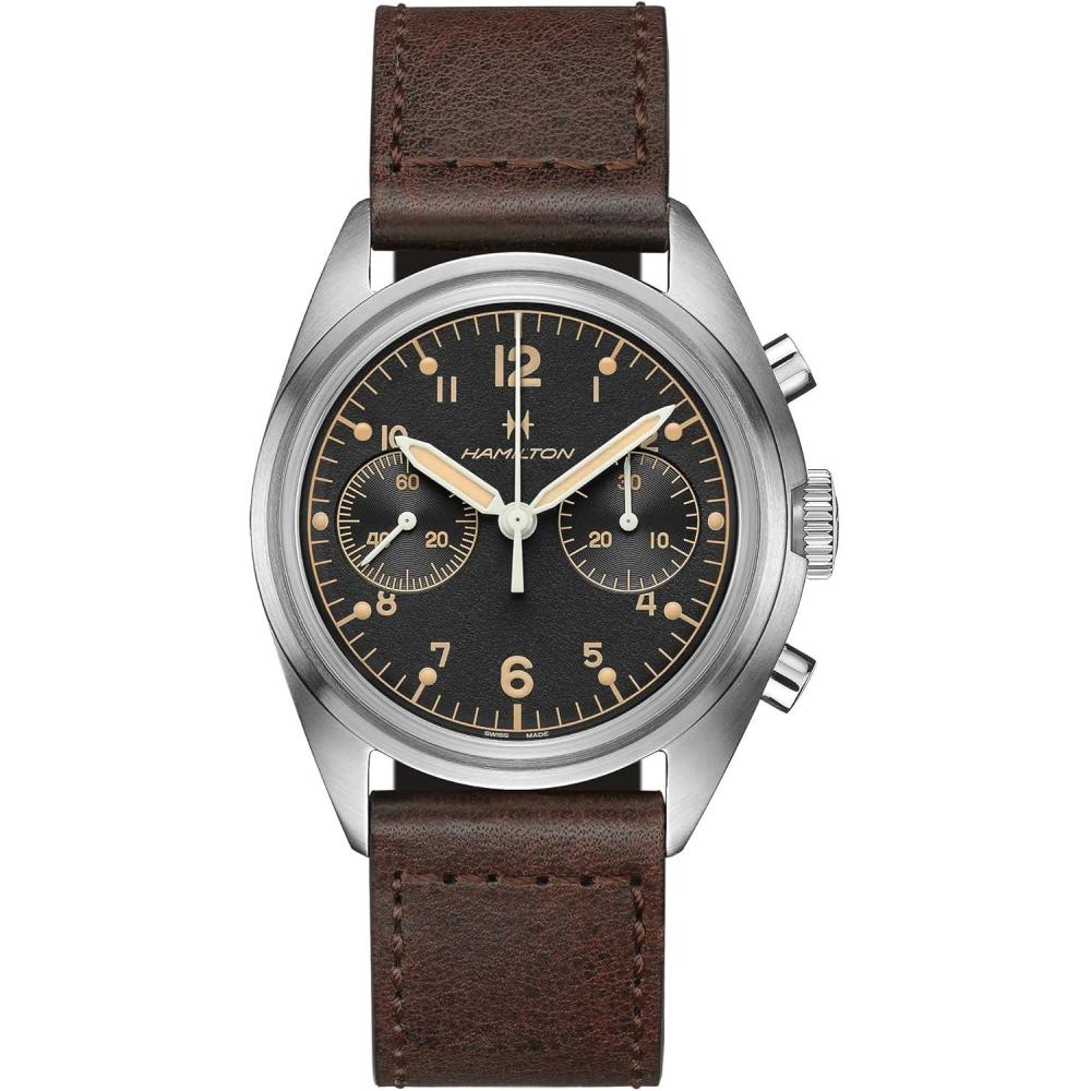 imageHamilton Khaki Aviation Pilot Mechanical Mens Watch 40mm Stainless Steel Case Swiss Made Black Dial Analog Wrist Watch for Men 100m Waterproof Sapphire Crystal Cow Leather Strap