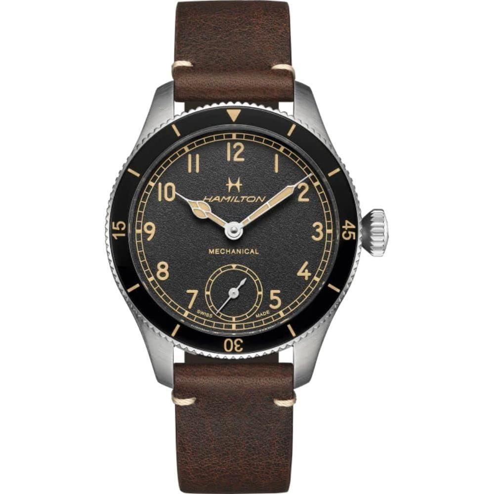imageHamilton Khaki Aviation Pilot Mechanical Mens Watch 43mm Stainless Steel Case Swiss Made Black Dial Analog Wrist Watch for Men 100m Waterproof Sapphire Crystal Calf Leather Strap