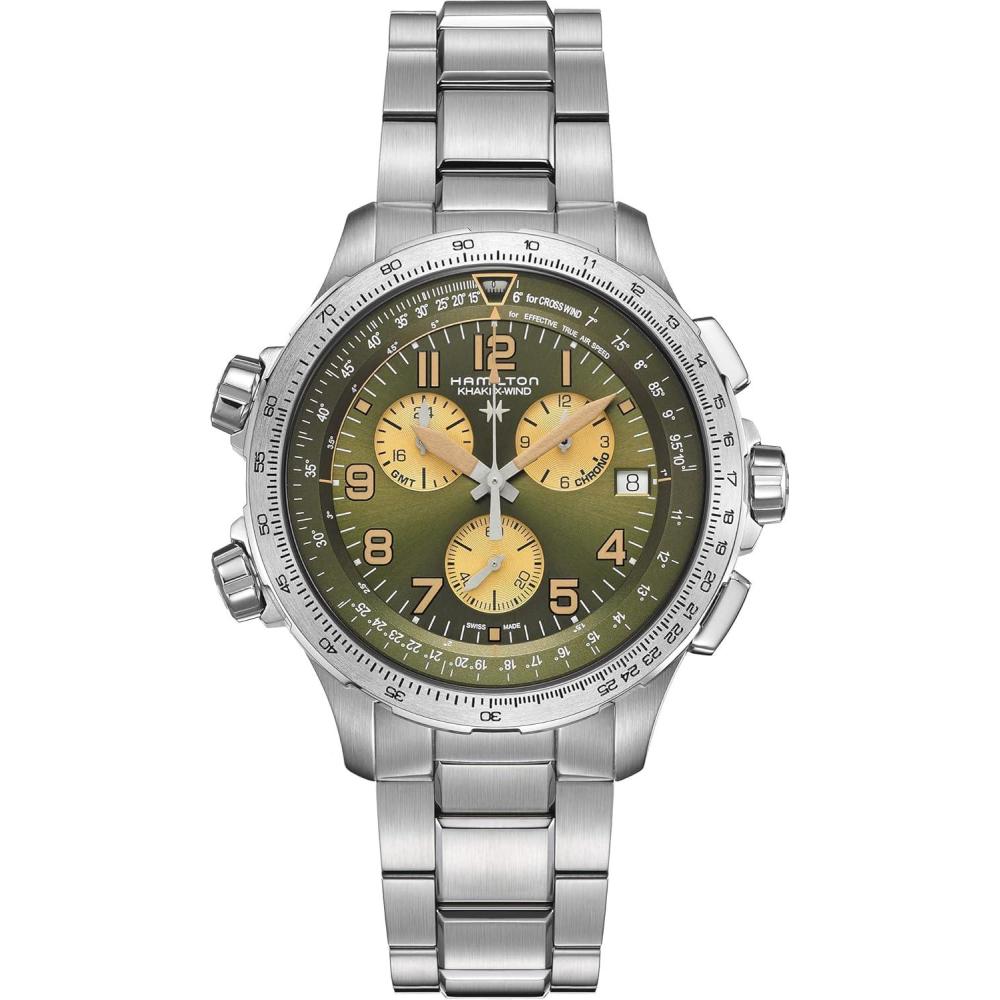 imageHamilton Khaki Aviation X Quartz Mens Watch 46mm Stainless Steel Case Swiss Made Green Dial Analog Wrist Watch for Men 100m Waterproof Sapphire Crystal Stainless Steel Strap