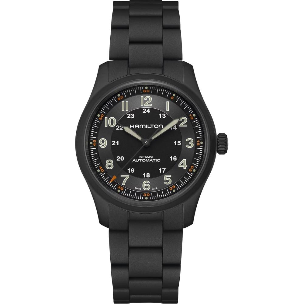 imageHamilton Khaki Field Auto Swiss Made Titanium Case Black Dial Analog Watch Black PVD Bracelet Model H70215130