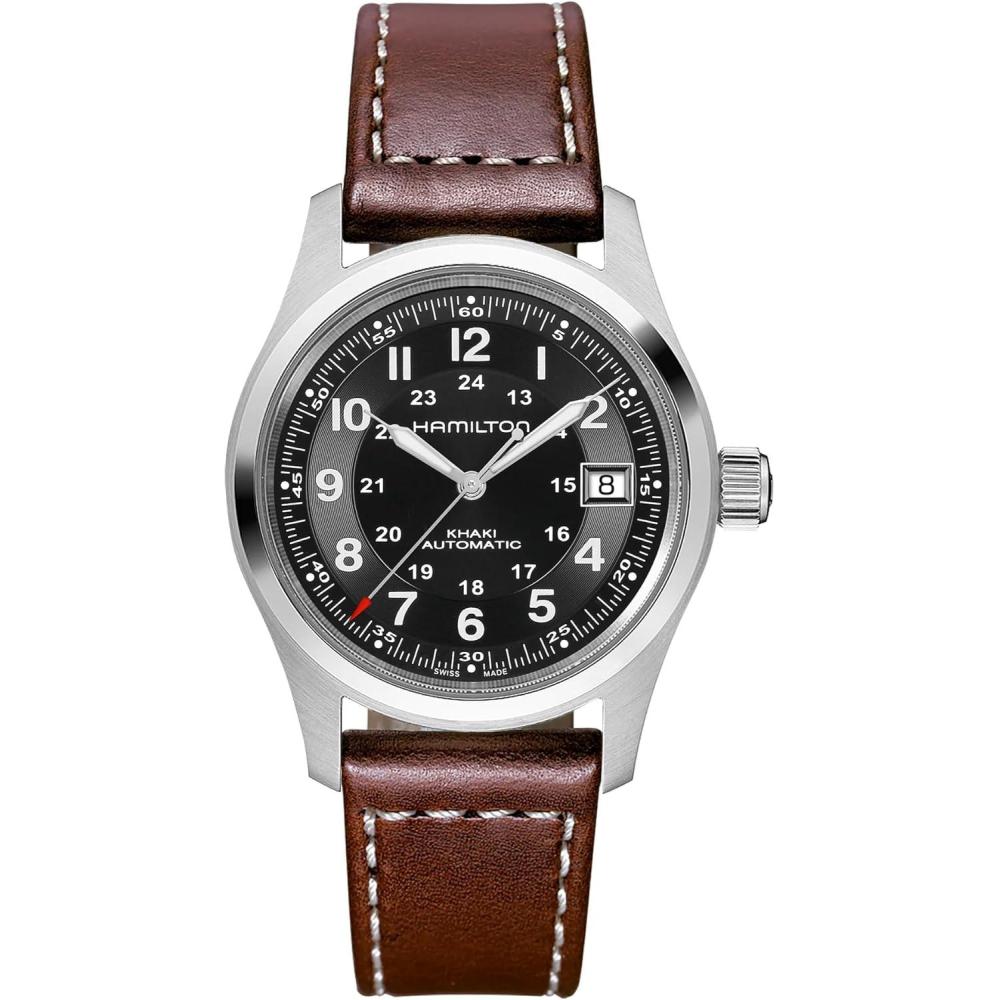 imageHamilton Khaki Field Automatic Mens Watch 38mm Stainless Steel Case Swiss Made Black Dial Analog Wrist Watch for Men 100m Waterproof Sapphire Crystal 3Hand Movement Cow Leather Strap