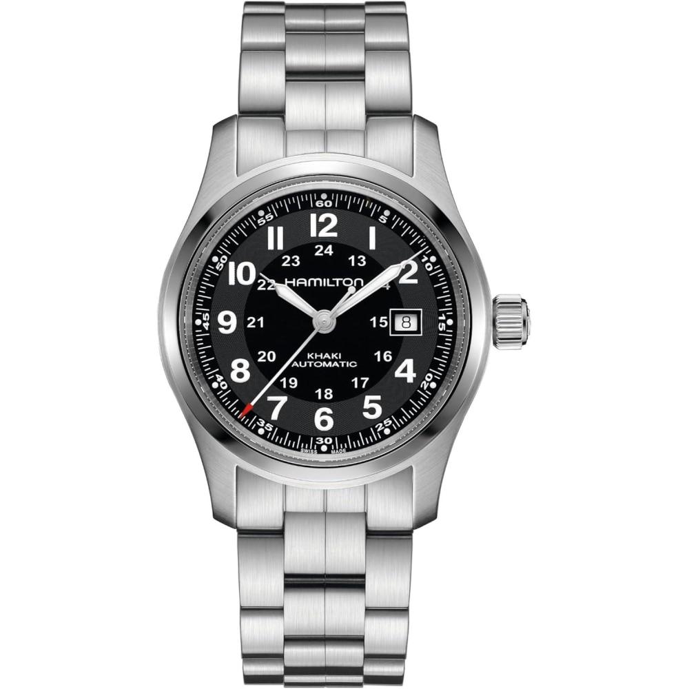 imageHamilton Khaki Field Automatic Mens Watch 42mm Stainless Steel Case Swiss Made Black Dial Analog Wrist Watch for Men 100m Waterproof Sapphire Crystal 3Hand Movement Stainless Steel Strap