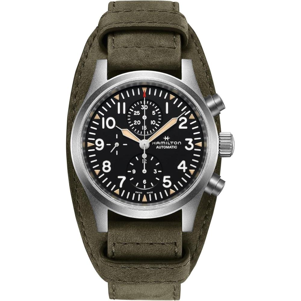 imageHamilton Khaki Field Automatic Mens Watch 44mm Stainless Steel Case Swiss Made Black Dial Analog Wrist Watch for Men 100m Waterproof Sapphire Crystal Calf Leather Strap