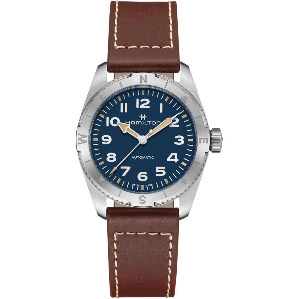imageHamilton Khaki Field Expedition Automatic Mens Watch 37mm Stainless Steel Case Swiss Made Blue Dial Analog Wrist Watch 100m Waterproof Sapphire Crystal 3Hand Movement Cow Leather Strap