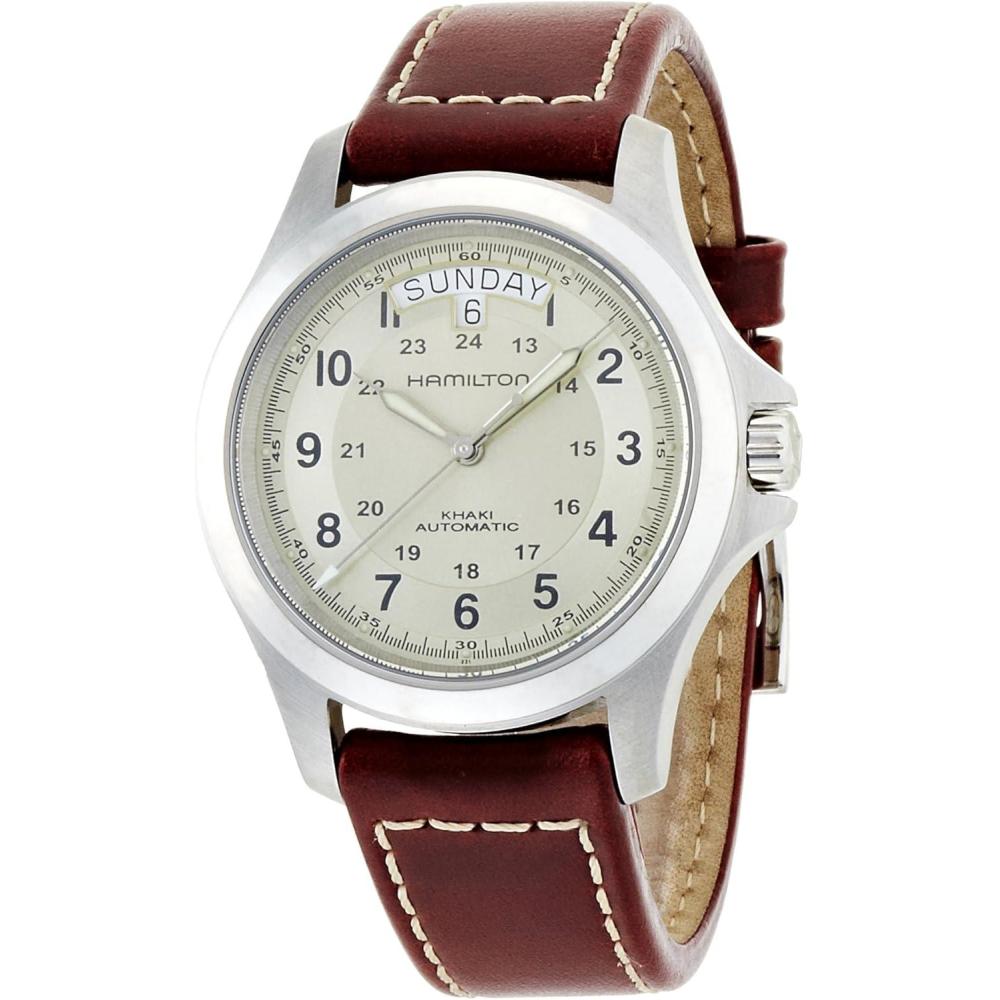 imageHamilton Khaki Field King Automatic Mens Watch 40mm Stainless Steel Case Swiss Made Beige Dial Analog Wrist Watch for Men 50m Waterproof Sapphire Crystal Cow Leather Strap