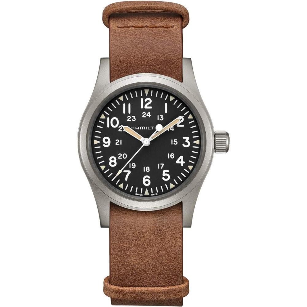 imageHamilton Khaki Field Mechanical Mens Watch 38mm Stainless Steel Case Swiss Made Black Dial Analog Wrist Watch for Men 50m Waterproof Sapphire Crystal Cow Leather Strap